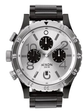 Nixon Silver Dial with Black Subdials and Black Bracelet Chronograph mens watch